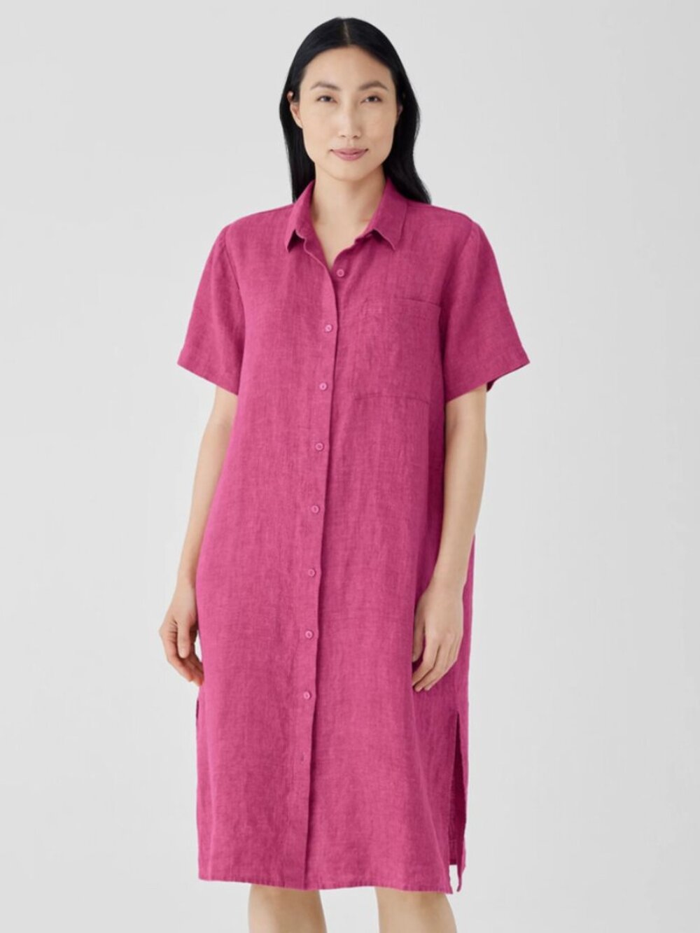 Eileen Fisher Organic Linen Button Front Short Sleeve Shirt Dress Pink Red, 3X